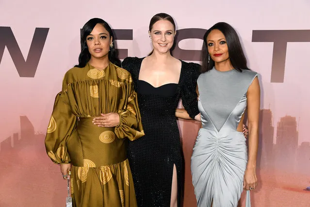 (L-R) Tessa Thompson, Evan Rachel Wood, and Thandie Newton attend the Los Angeles Season 3 premiere of the HBO drama series “Westworld” at TCL Chinese Theatre on March 05, 2020 in Hollywood, California. (Photo by Jeff Kravitz/FilmMagic for HBO)