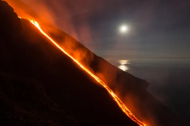Hot lava trickles down from the Stromboli volcano on August 9, 2014 in Aeolian Islands, Italy. Lava flows down the Mount Stromboli off the Sicilian coast in southern Italy. The volcano – at 3,034ft – is one of the most active in Europe and has been erupting continuously since 1932. (Photo by Tom Pfeiffer/Barcroft Media)