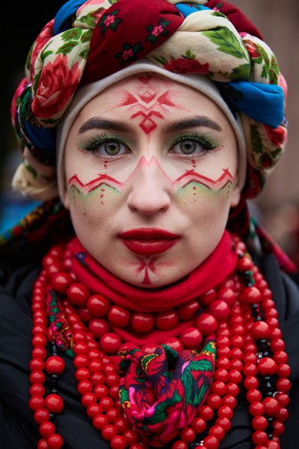 A portrait of an activist woman in traditional Ukrainian clothing during the rally urging for the return of Ukrainian soldiers of Mariupol garrison from Russian captivity on December 22, 2024 in Kyiv, Ukraine. Ukrainians continue to participate the “Free Azov” rallies in support of the captured defenders of Mariupol, which regularly take place in Kyiv and other Ukrainian cities. The participants take to the streets to remind the society that the Ukrainian military has been in Russian captivity since 2022. (Photo by Global Images Ukraine via Getty Images)