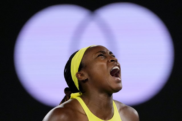 Coco Gauff of the U.S. reacts after winning a point against Jodie Burrage of Britain during their second round match at the Australian Open tennis championship in Melbourne, Australia, Wednesday, January 15, 2025. (Photo by Vincent Thian/AP Photo)
