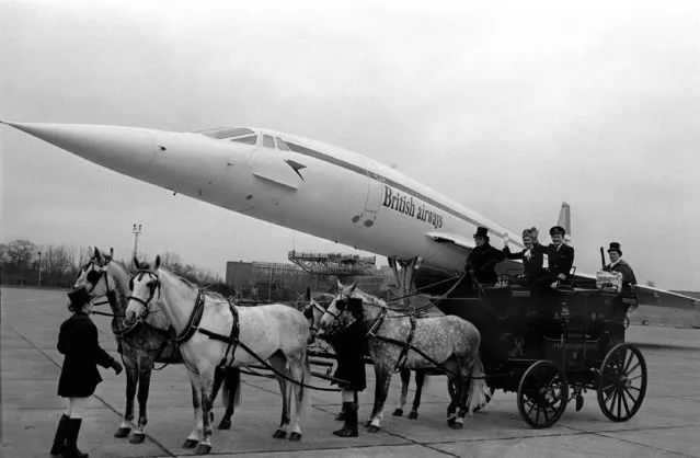 Two different centuries of transport at Heathrow Airport, London, shows the Concorde supersonic airliner and an 18th century mailcoach on January 15, 1978. (Photo by Popperfoto/Getty Images)