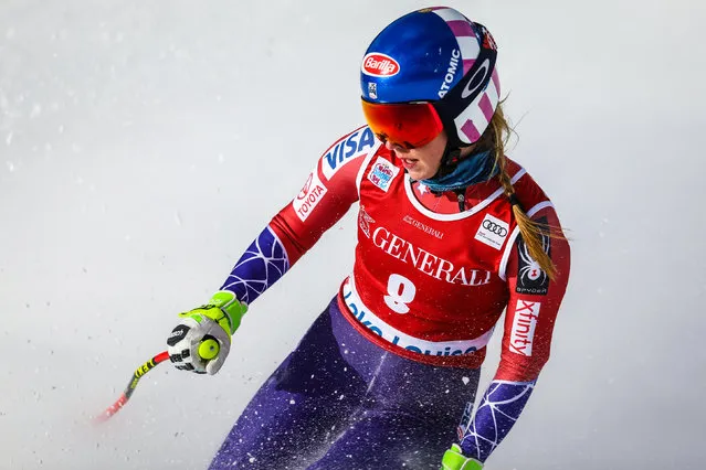 Mikaela Shiffrin, of the United States, reacts in the finish area during women's World Cup downhill skiing action in Lake Louise, Alberta, Saturday, December 2, 2017. (Photo by Sergei Belski/Reuters/USA TODAY Sports)