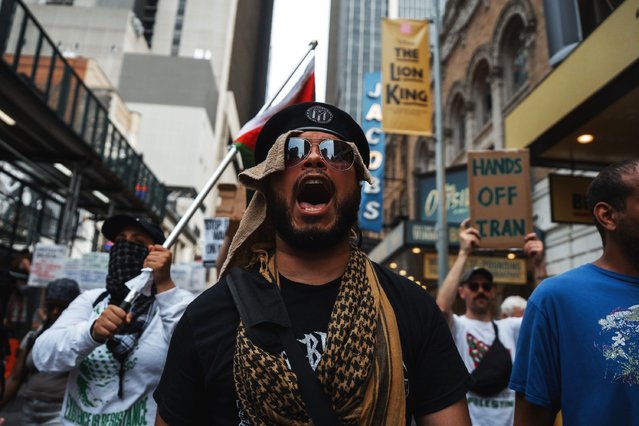 Protester shouts slogans during a protest against U.S. strikes on Iran, Sunday, June 22, 2025, in New York. (Photo by Olga Fedorova/AP Photo)