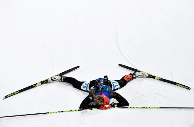 Germany' s Franziska Preuss reacts after crossing the finish line of the women' s 15 km individual biathlon event at the Alpensia biathlon center during the Pyeongchang 2018 Winter Olympic Games on February 15, 2018, in Pyeongchang. (Photo by Toby Melville/Reuters)