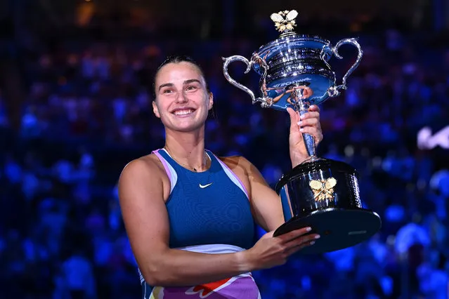 Belarusian tennis player Aryna Sabalenka poses with the Daphne Akhurst Memorial Cup after winning the Women’s Singles Final match against Elena Rybakina of Kazakhstan during day 13 of the 2023 Australian Open at Melbourne Park on January 28, 2023 in Melbourne, Australia. (Photo by Quinn Rooney/Getty Images)