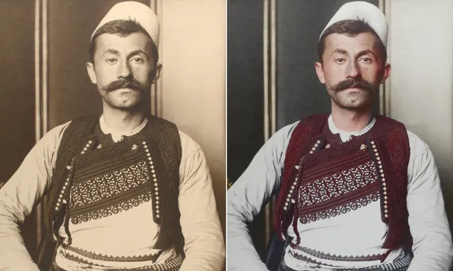 Albanian soldier circa 1910 in a brimless felt cap is known as a qeleshe, whose shape was largely determined by region and molded to one’s head. His vest is decorated with embroidered braids of silk or cotton; its color and decoration denote the region where the wearer is from and his social rank. (Photo by Augustus Francis Sherman/New York Public Library/The Guardian)