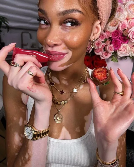 Canadian fashion model Winnie Harlow in the second decade of February 2023 says “love is always on time” with a pink lip balm. (Photo by winnieharlow/Instagram)