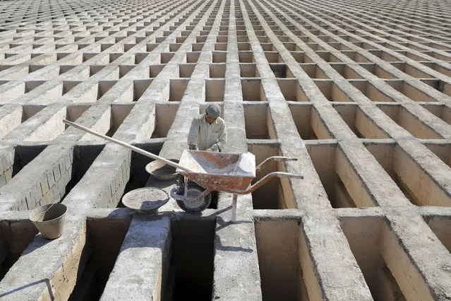 A cemetery worker prepares new graves at the Behesht-e-Zahra cemetery on the outskirts of the Iranian capital, Tehran, Iran, Sunday, November 1, 2020. The cemetery is one of the world’s largest with 1.6 million people buried on its grounds, which stretch across more than 5 square kilometers, but it is struggling to keep up with the coronavirus pandemic ravaging the country.  (Photo by Ebrahim Noroozi/AP Photo)