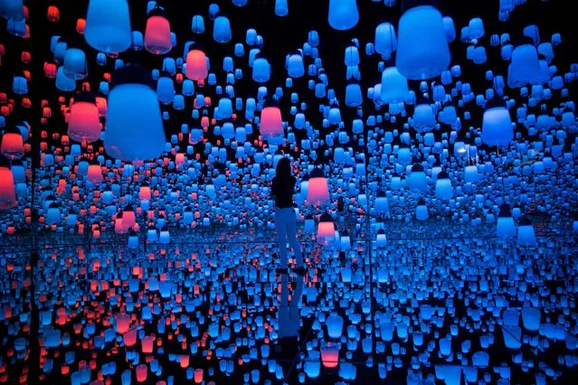 In this picture taken on May 1, 2018 a Japanese member of Teamlab collective walks and poses in a digital installation room with hanging lamps, that illuminate as the visitor nears and the light moving from one lamp to another around the room, at Mori Building Digital Art Museum in Tokyo. The waterfall appears to run down the wall of a room and across the floor, but the flow is an illusion – a digital exhibit at a new interactive museum in Tokyo. The flower-filled waterfall is the work of Japanese collective teamLab, known internationally for their innovative “digital art” that combines projections, sound and carefully designed spaces to create other-worldly, immersive experiences. (Photo by Behrouz Mehri/AFP Photo)