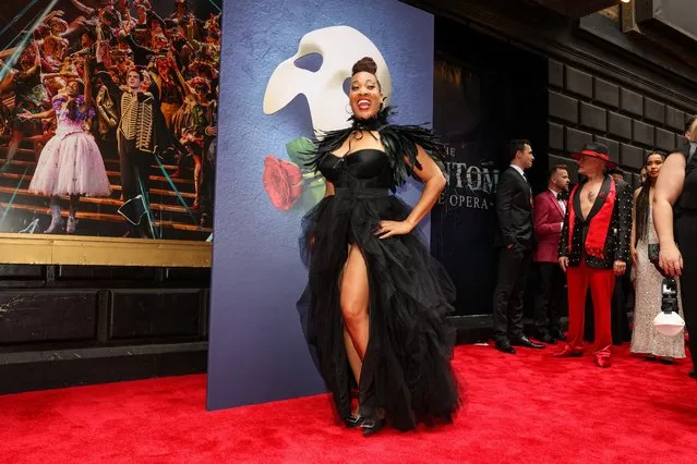A guest attends the carpet before the final performance of the Phantom of the Opera, which closes after 35 years on Broadway, in New York City, U.S., April 16, 2023. (Photo by Caitlin Ochs/Reuters)