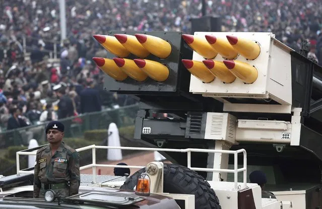 Indian Army's Pinaka multi barrel rocket launcher systems are displayed during a full dress rehearsal for the Republic Day parade in New Delhi January 23, 2015. (Photo by Adnan Abidi/Reuters)