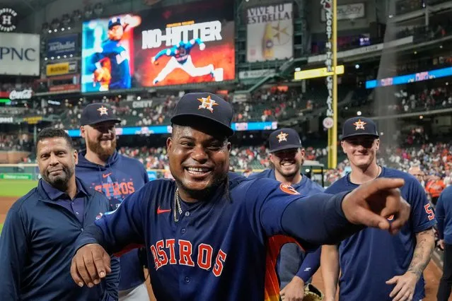 Houston Astros starting pitcher Framber Valdez celebrates after pitching a no-hitter against the Cleveland Guardians in a baseball game, Tuesday, August 1, 2023, in Houston. (Photo by Brett Coomer/Houston Chronicle via AP Photo)