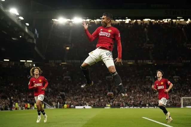 Manchester United's Casemiro celebrates after scoring his side's second goal during the English League Cup third round soccer match between Manchester United and Crystal Palace at Old Trafford stadium in Manchester, England, Tuesday, September 26, 2023. (Photo by Dave Thompson/AP Photo)