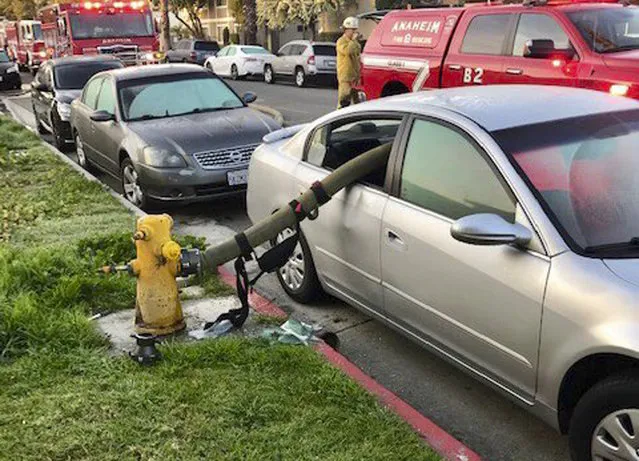 This February 26, 2019 photo provided by the Anaheim Fire Department and Anaheim Police Department shows a car with a firehose running through the rear side windows in Anaheim, Calif. A California fire department enflamed some social media users but delighted others by posting pictures of the busted-out windows of a car that parked in front of a fire hydrant. In a Twitter thread posted Wednesday, the Anaheim Fire Department asked the public: “Ever wonder what happens when a car is parked in front of a fire hydrant and a fire breaks out”. (Photo by Anaheim Fire Department and Anaheim Police Department via AP Photo)