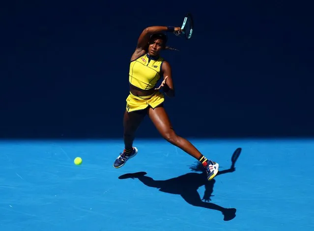 USA's Coco Gauff hits a return against Slovakia's Anna Karolina Schmiedlova during their women's singles match on day two of the Australian Open tennis tournament in Melbourne on January 15, 2024. (Photo by Edgar Su/Reuters)