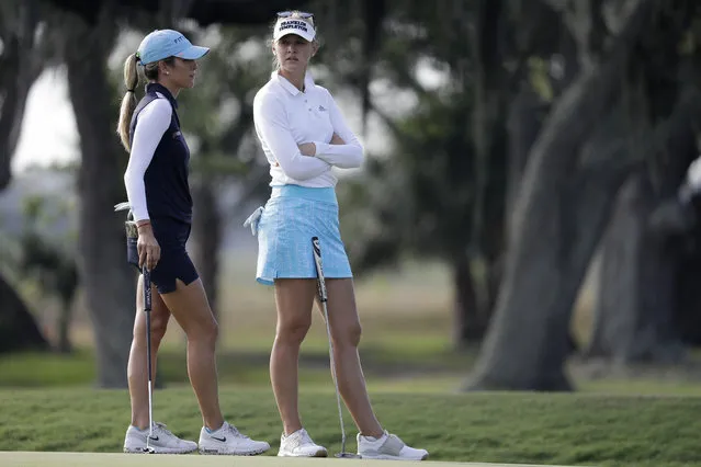 Jessica Korda, right, speaks with Jaye Marie Green on the 15th hole during the second round of the U.S. Women's Open golf tournament, Friday, May 31, 2019, in Charleston, S.C. (Photo by Steve Helber/AP Photo)