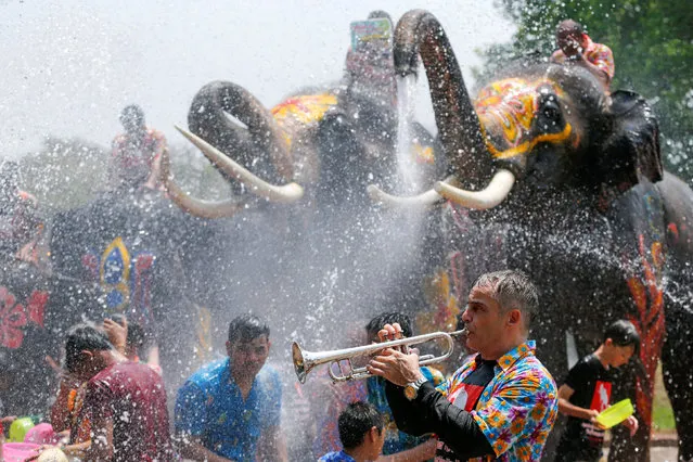 A man plays a trumpet while people are splashed by elephants with water during the celebration of the Songkran water festival in Thailand's Ayutthaya province, north of Bangkok, April 11, 2016. (Photo by Jorge Silva/Reuters)