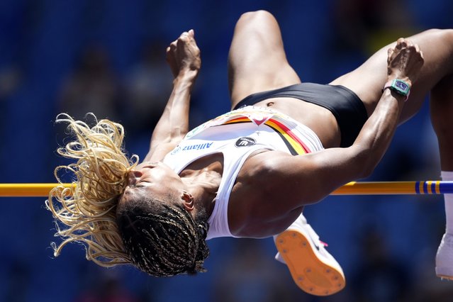 Nafissatou Thiam, of Belgium, makes an attempt in the heptatlon high jump at the the European Athletics Championships in Rome, Friday, June 7, 2024. (Photo by Andrew Medichini/AP Photo)