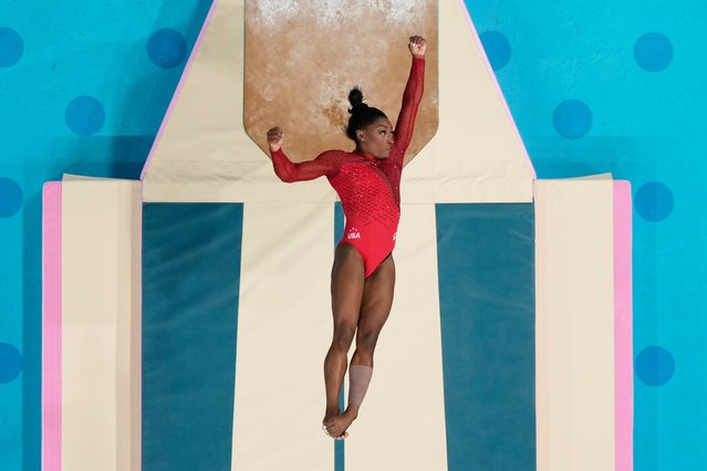 Simone Biles, of the United States, performs on the vault during the women's artistic gymnastics individual vault finals in Bercy Arena at the 2024 Summer Olympics, Saturday, August 3, 2024, in Paris, France. (Phoot by Morry Gash/AP Photo)