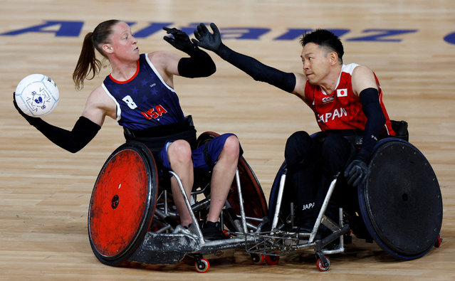 Sarah Adam of United States in action with Yukinobu Ike of Japan during wheelchair rugby in Paris, France on August 30, 2024. (Photo by Rula Rouhana/Reuters)