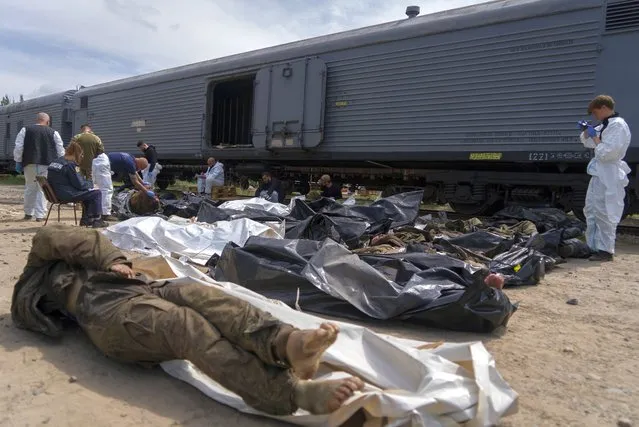 Forensic experts inspect bodies of dead Russian soldiers during an identification process in Kharkiv, east Ukraine, Saturday, May 14, 2022. The bodies of more than 41 Russian soldiers who were found after battles around Kharkiv are being stored in the refrigerated coach. (Photo by Vasilisa Stepanenko/AP Photo)