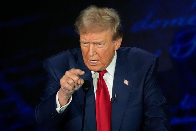 Republican presidential nominee former President Donald Trump speaks during a presidential debate with Democratic presidential nominee Vice President Kamala Harris at the National Constitution Center, Tuesday, September 10, 2024, in Philadelphia. (Photo by Alex Brandon/AP Photo)'