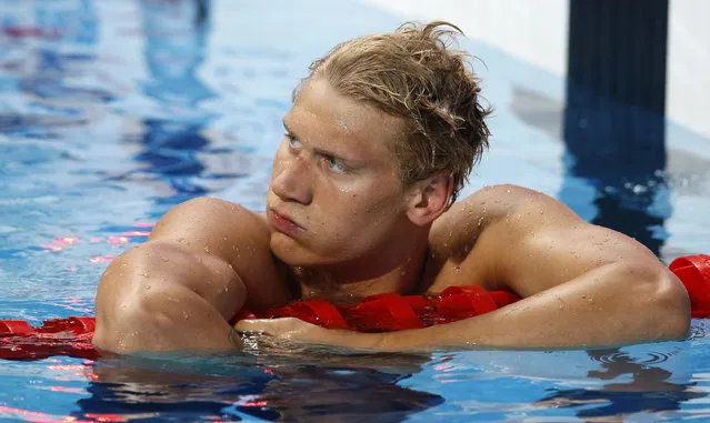 Denmark's Viktor Bromer checks his time after a men's 200m butterfly semifinal at the Swimming World Championships in Kazan, Russia, Tuesday, August 4, 2015. (Photo by Sergei Grits/AP Photo)