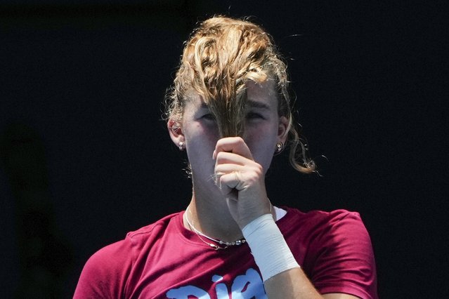 Russia's Mirra Andreeva reacts during a practice session ahead of the Australian Open tennis championship in Melbourne, Australia, Friday, January 10, 2025. (Photo by Vincent Thian/AP Photo)