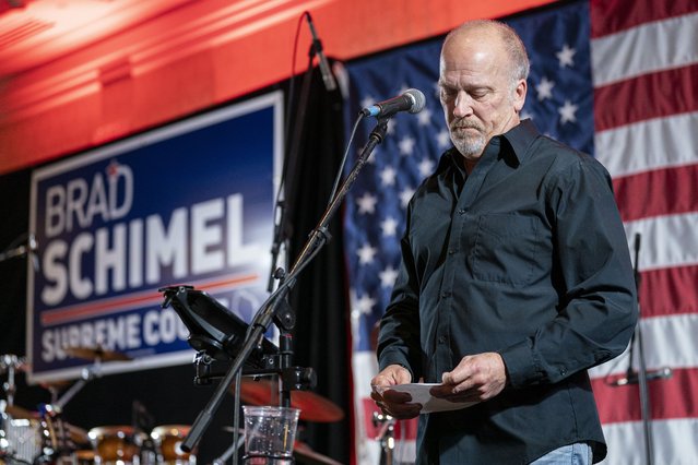 Wisconsin Supreme Court candidate Brad Schimel makes his concession speech to a crowd at his election night party, in Pewaukee, Wis., April 1, 2025. (Photo by Andy Manis/AP Photo)