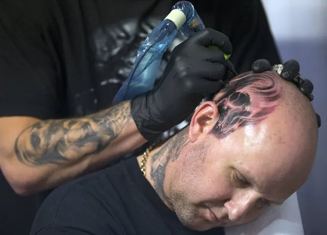 A man has his head tattooed during the International London Tattoo Convention in east London, Britain September 26, 2015. (Photo by Neil Hall/Reuters)
