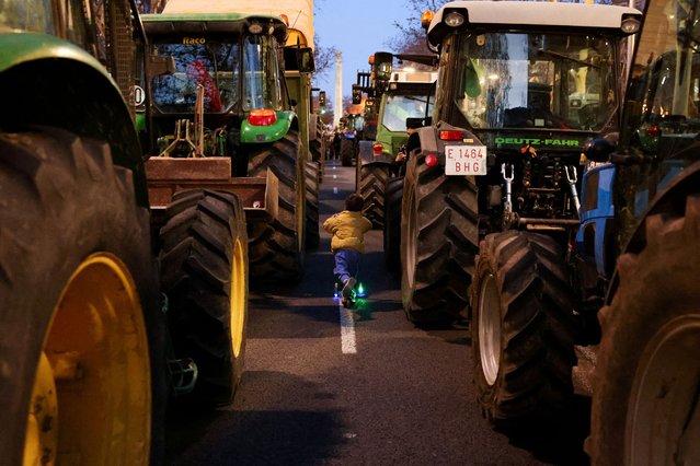A child moves between tractors during a farmers protest over price pressures, taxes and green regulation, grievances shared by farmers across Europe, in Barcelona, Spain on February 7, 2024. (Photo by Nacho Doce/Reuters)