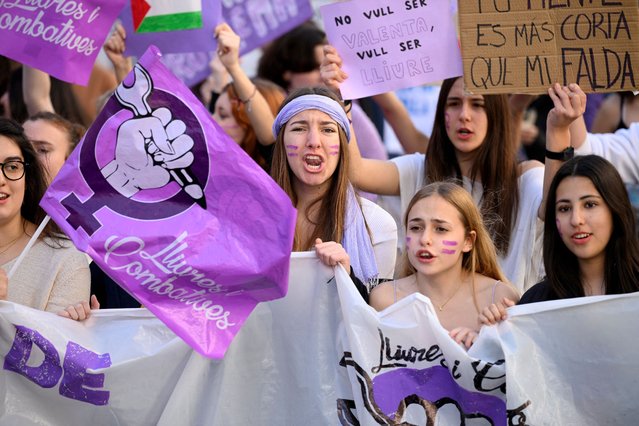 Students march during a demonstration marking the International Women's Rights Day in Barcelona on March 8, 2024. (Photo by Josep Lago/AFP Photo)