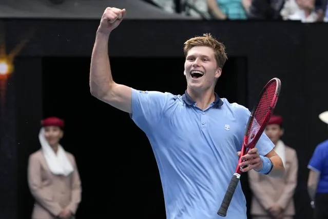 Jenson Brooksby of the U.S. celebrates after defeating Casper Ruud of Norway in their second round match at the Australian Open tennis championship in Melbourne, Australia, Thursday, January 19, 2023. (Photo by Dita Alangkara/AP Photo)