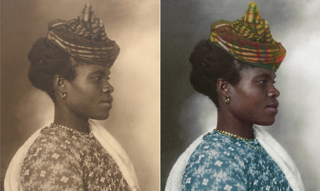 A Guadeloupean woman circa 1911 wearing traditional costume, including an elaborate tartan headpiece that can be traced to the Middle Ages. (Photo by Augustus Francis Sherman/New York Public Library/The Guardian)