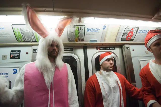 Men dressed as a Santa ride the subway with a man dressed as the Easter Bunny during the annual SantaCon pub crawl December 12, 2015 in the Brooklyn borough of New York City. (Photo by Stephanie Keith/Getty Images)