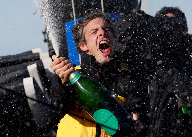 Macif Sante Prevoyance's Charlie Dalin celebrates after winning the Vendee Globe sailing competition in Les Sables-d'Olonne, France on January 14, 2025. (Photo by Stephane Mahe/Reuters)
