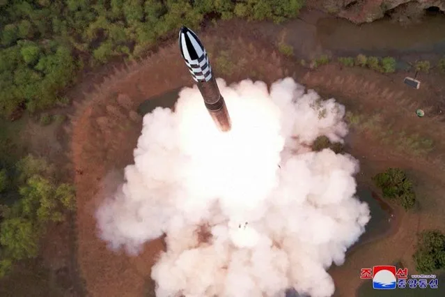 A view of a test launch of a new solid-fuel intercontinental ballistic missile (ICBM) Hwasong-18 at an undisclosed location in this still image of a photo used in a video released by North Korea's Korean Central News Agency (KCNA) on April 14, 2023. (Photo by KCNA via Reuters TV via Reuters)