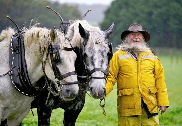A competitor who gave his name as Jerry from Kerry with his horses (L-R) Larry and Elton John at the Horse section of the during the National Ploughing Championships at Ratheniska, Co Laois, Ireland on Tuesday, September 19, 2023. (Photo by Niall Carson/PA Images via Getty Images)