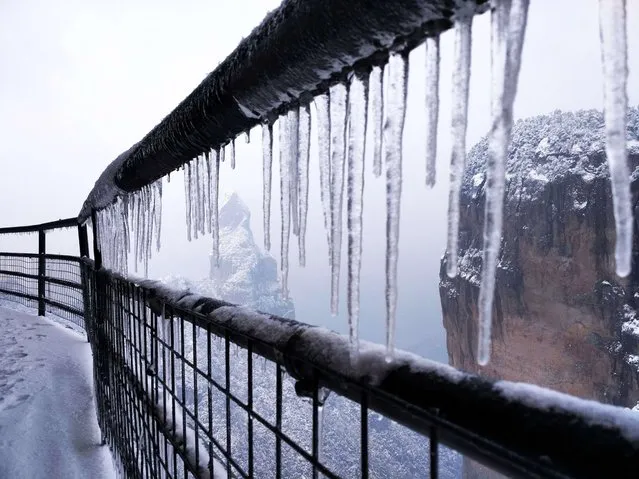 This picture taken on January 23, 2016 shows the ice-covered handrail on Shenxianju Mountain near the city of Taizhou, in eastern China's Zhejiang province. Snow, sleet and icy winds across Asia caused deaths, flight cancellations and chaos over the past weekend as areas used to basking in balmier climates struggled with record-low temperatures. (Photo by AFP Photo)