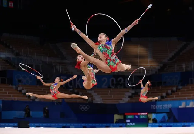 Team Japan competes in the group all-around qualification of the Rhythmic Gymnastics event during Tokyo 2020 Olympic Games at Ariake Gymnastics centre in Tokyo, on August 7, 2021. (Photo by Mike Blake/Reuters)