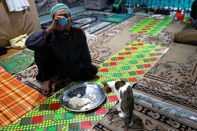 A cat sits near an Indonesian Muslim man eating his iftar meal at Kebon Jeruk Jami' mosque during the holy fasting month of Ramadan in Jakarta, Indonesia on March 12, 2024. (Photo by Willy Kurniawan/Reuters)