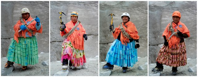 Combination picture shows Aymara indigenous women (L-R) Domitila Alana, 42, Bertha Vedia, 48, Lidia Huayllas, 48, and Dora Magueno, 50, posing for a photograph at the Huayna Potosi mountain, Bolivia April 6, 2016. (Photo by David Mercado/Reuters)
