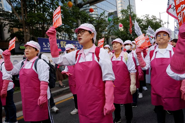 Meal workers from the Korean Confederation of Trade Unions (KCTU) attend a May Day rally in Seoul, South Korea on May 1, 2024. (Photo by Kim Soo-hyeon/Reuters)