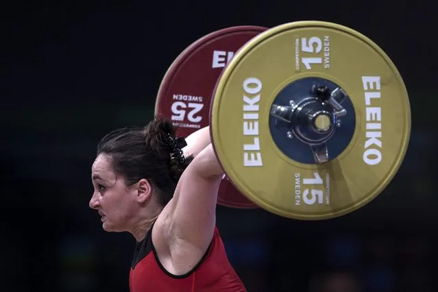 Romela Begaj of Albania competes in the women +63kg category final at the Weightlifting European Championships in Tel Aviv, Israel, 08 April 2014. (Photo by Oliver Weiken/EPA)