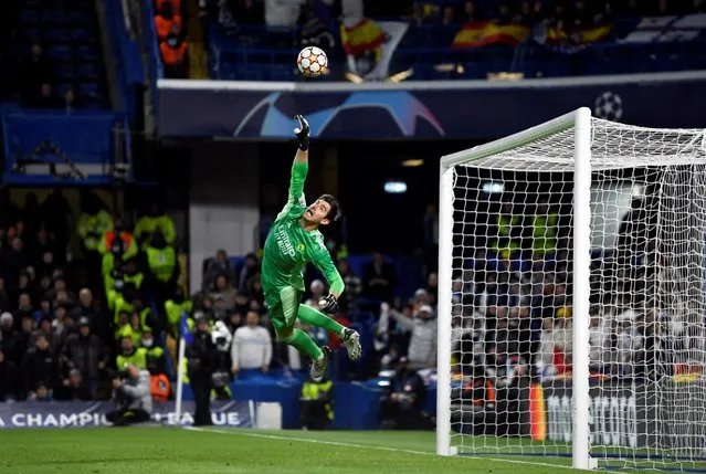 Real Madrid's Thibaut Courtois in action during Champions League quarter final match against Chelsea at Stamford Bridge, London, Britain on April 6, 2022. (Photo by Tony Obrien/Reuters)