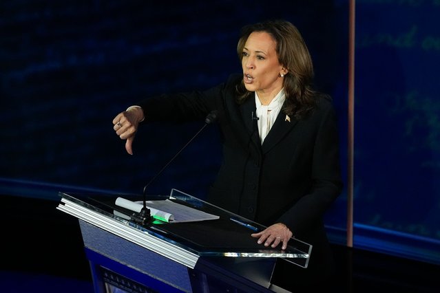 Democratic presidential nominee Vice President Kamala Harris gestures as she speaks during an ABC News presidential debate with Republican presidential nominee former President Donald Trump at the National Constitution Center, Tuesday, September 10, 2024, in Philadelphia. (Photo by Alex Brandon/AP Photo)