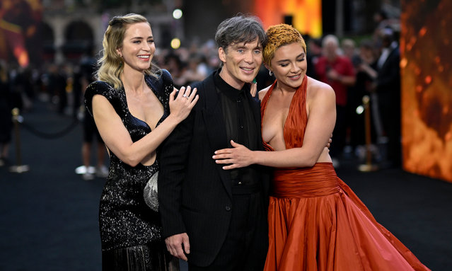 British actress Emily Blunt, Irish actor Cillian Murphy and English actress Florence Pugh attend the “Oppenheimer” UK Premiere at Odeon Luxe Leicester Square on July 13, 2023 in London, England. (Photo by Gareth Cattermole/Getty Images)