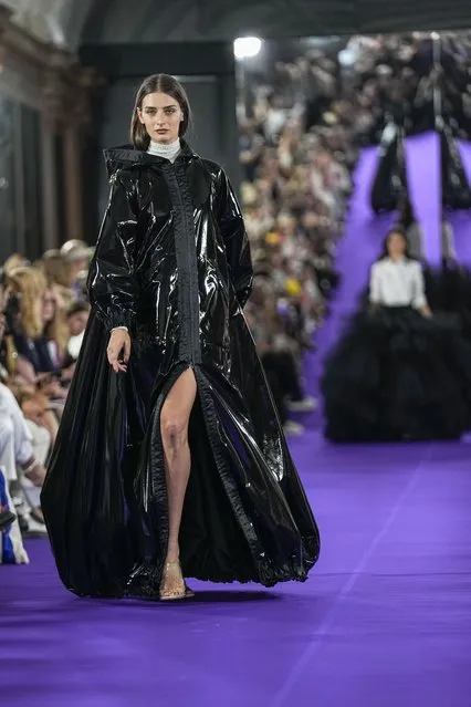A model wears a creation as part of Mabille's Haute Couture Fall/Winter 2022-2023 fashion collection presented Tuesday, July 5, 2022 in Paris. (Photo by Michel Euler/AP Photo)