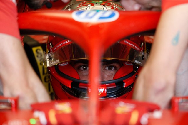 Ferrari's Spanish driver Carlos Sainz sits inside his car during the first practice session at the Jose Carlos Pace racetrack, aka Interlagos, in Sao Paulo, Brazil, on November 1st, 2024, ahead of the upcoming Formula One Sao Paulo Grand Prix next November 3. (Photo by Miguel Schincariol/AFP Photo)