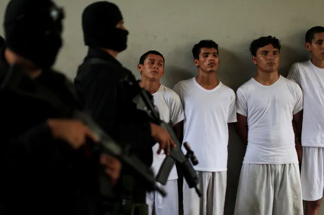 Gang members are presented to the media after being arrested by the police under the charges of homicide and terrorism in San Salvador, El Salvador July 8, 2016. (Photo by Jose Cabezas/Reuters)